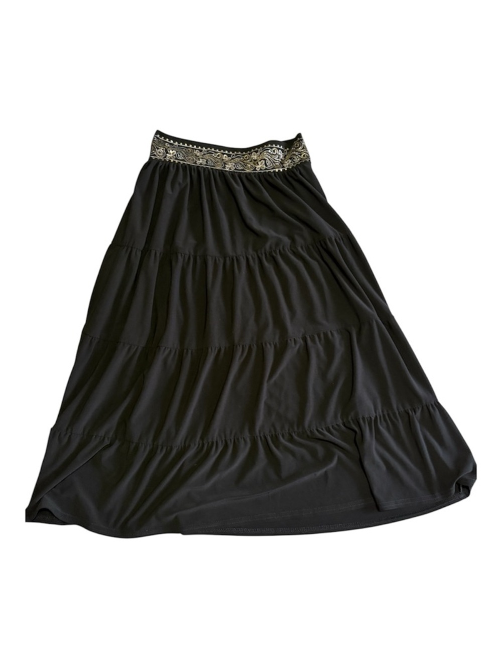 Mariposa Black Tiered Maxi Skirt with Embroidered Gold Waistband. Size XS